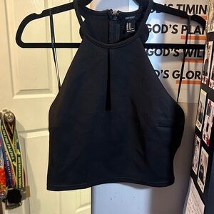 Forever 21 Black Halter Peephole Neoprene Like Scallop Back Crop Top